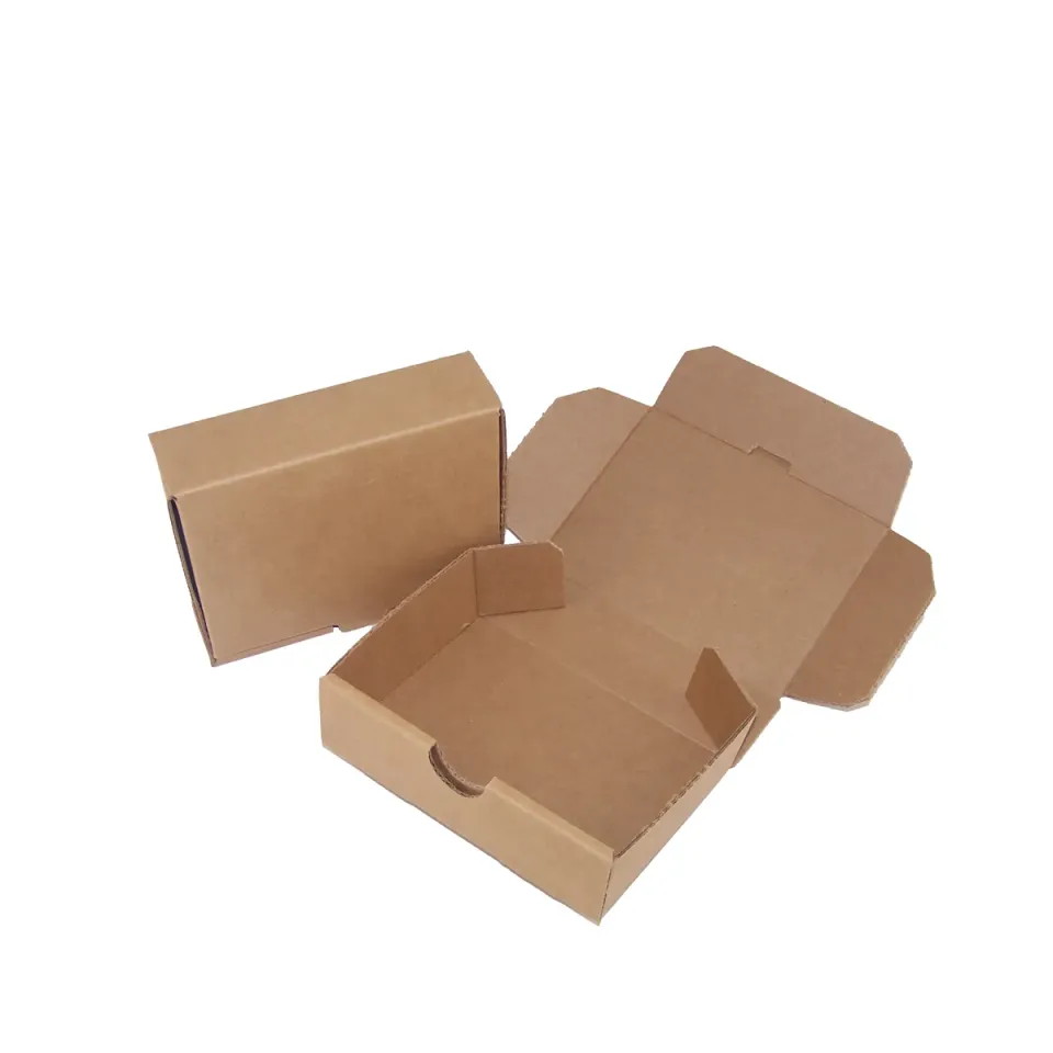 Brown Kraft Mailer Boxes: Two small plain kraft mailers, one closed and one open with its tuck flaps raised