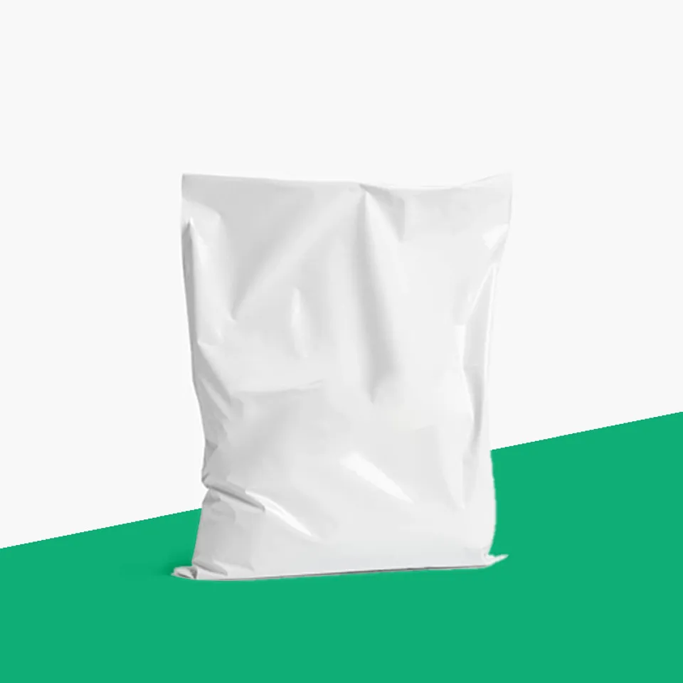 Compostable Mailers: Plain white soft mailer bag standing upright, sealed and with no print