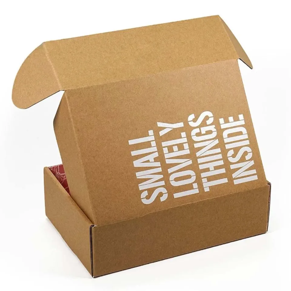 Custom Printed Mailer Boxes: Kraft mailer open, with large white block lettering printed inside the lid