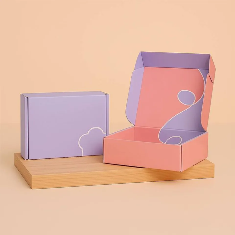 Double Sided Printed Mailer Boxes: Lilac closed box beside a coral box open to a lilac lid print with a white line motif