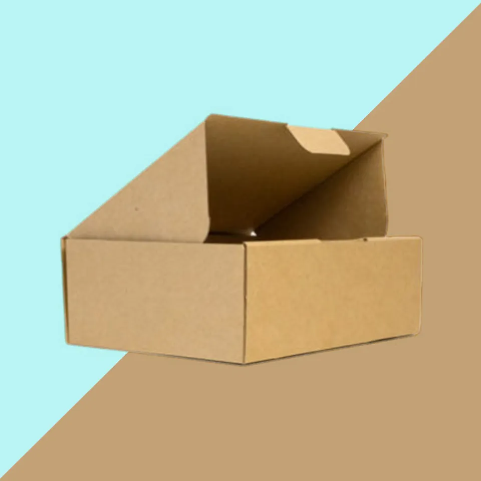 Folding Small Mailing Boxes: Small plain kraft box with the lid lifted to show the front tuck flap