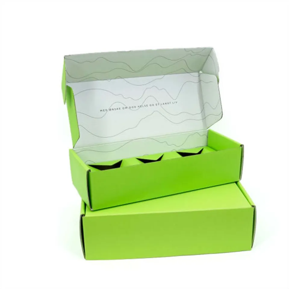Fragile Goods Mailer Boxes: Lime mailer with a printed white lid lining and a board insert cut to hold three items