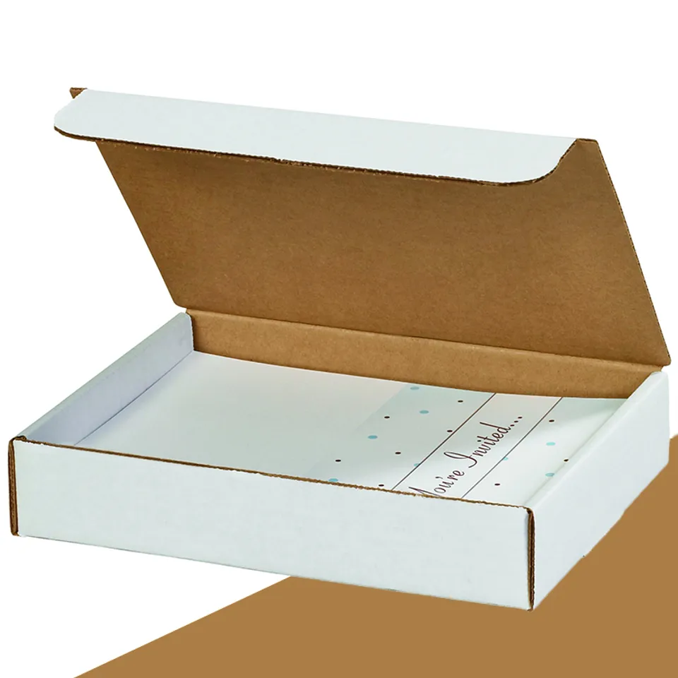 Literature Mailers: White outside, kraft inside the lid, holding a set of printed invitation cards