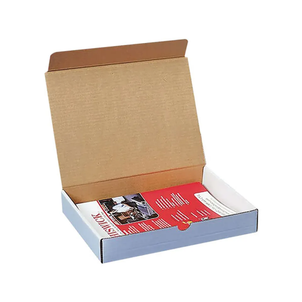 Literature Mailers: White lidded mailer with kraft lining and a folded magazine filling the base