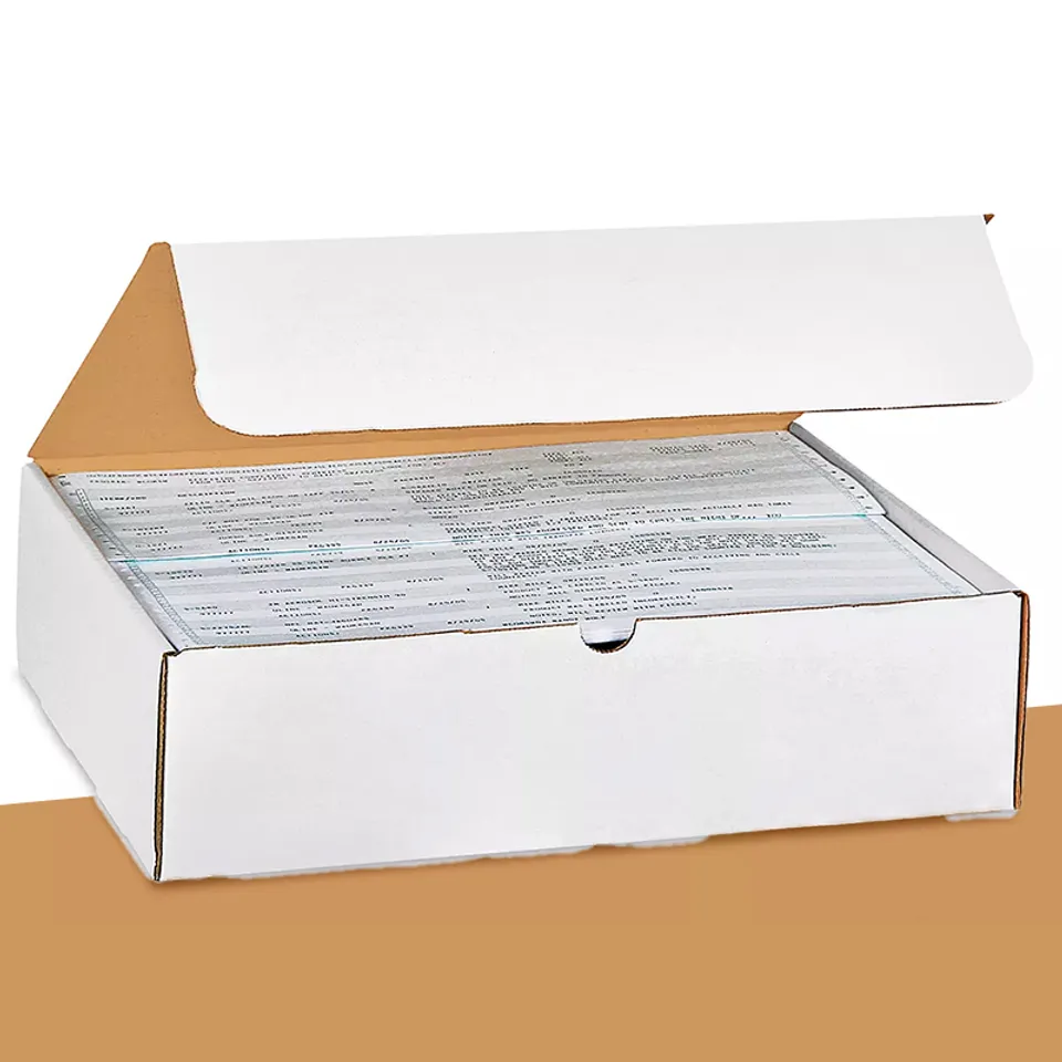 Literature Mailers: Taller white literature box stacked with printed sheets, lid tab tucked at the front