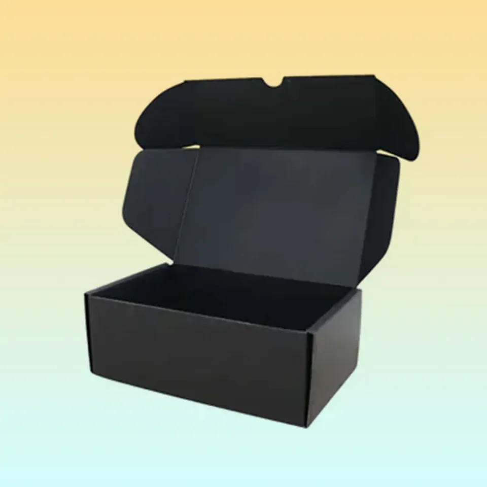 Matt Black Mailer Boxes: Plain black mailer standing open, black inside and out, with a thumb notch on the lid