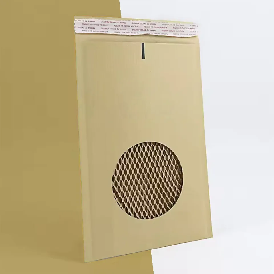 Paper Padded Mailers: Kraft padded envelope with a peel strip on the flap and honeycomb padding in a cut-out