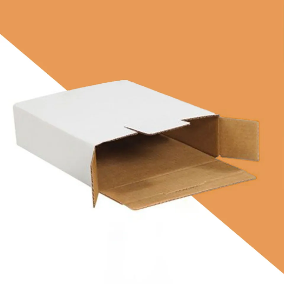 Side Loading Tab Lock Mailers: White side loading mailer with the end open to show the kraft lining and tabs