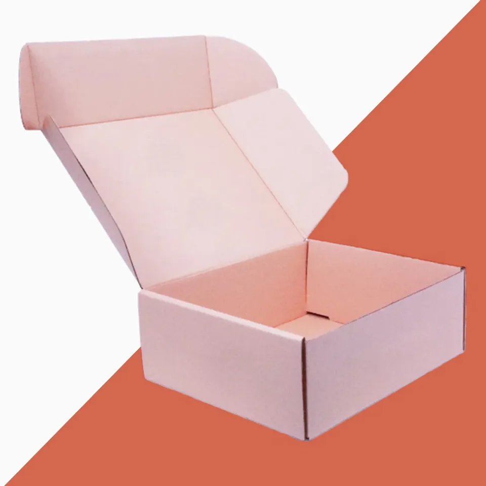 Subscription Box Mailers: Pale pink mailer standing open, the same soft pink printed inside the lid and base