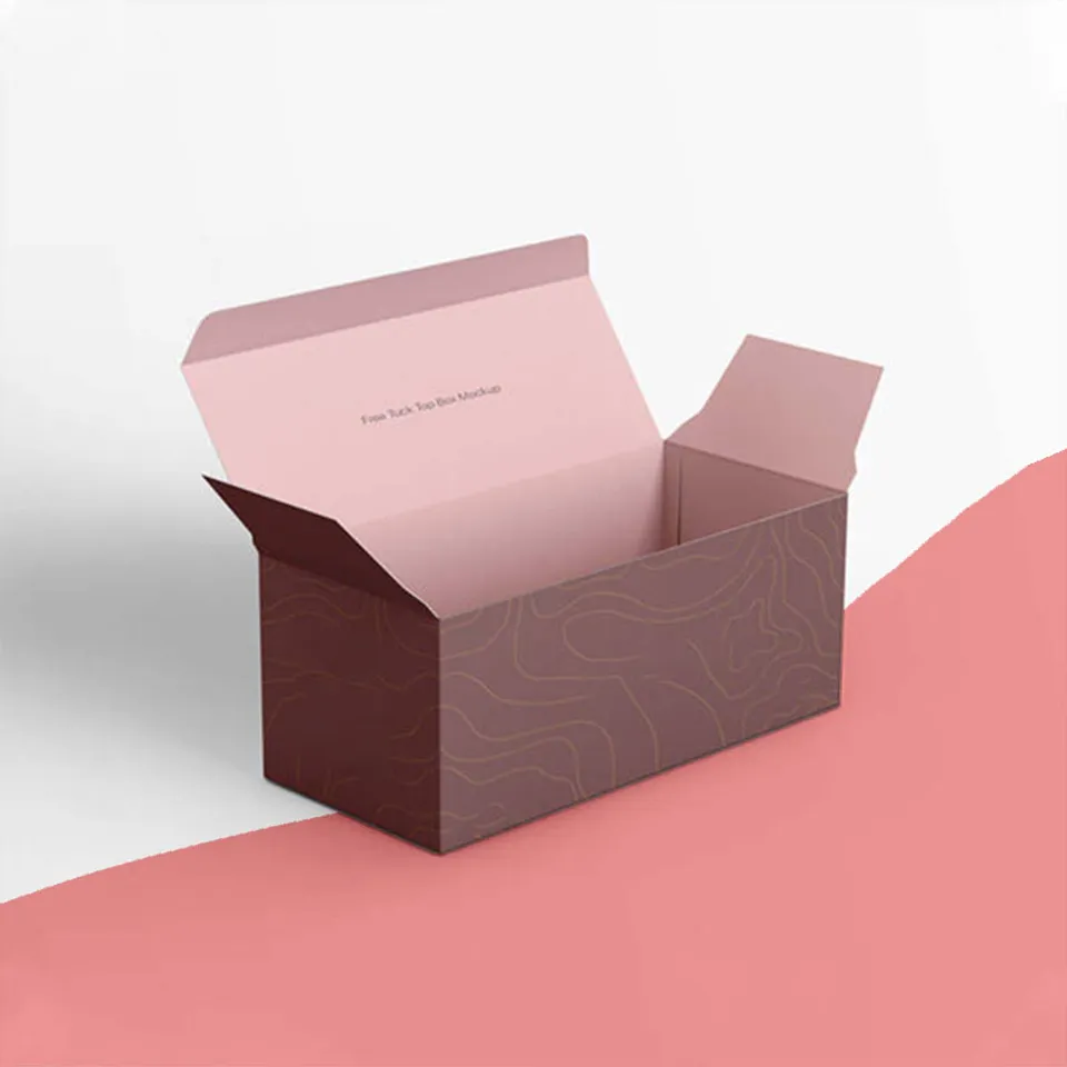 Tuck Top Mailer Boxes: Deep red box with a fine line pattern outside and a pale pink print inside the lid