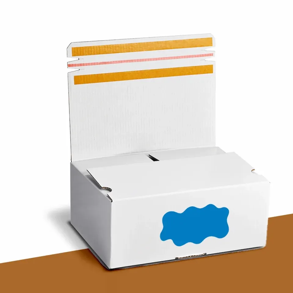 White Mailer Boxes: White self-seal mailer with peel strips on the lid flap and a blue shape on the front